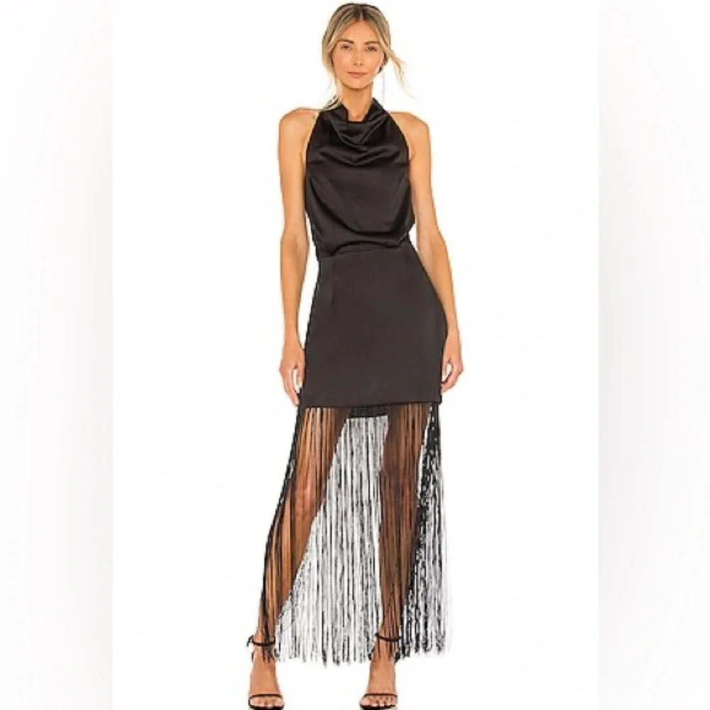 ELLIATT x Revolve Beatrice Halterneck Draped Neckline Fringe Black Dress Size S - Picture 5 of 16